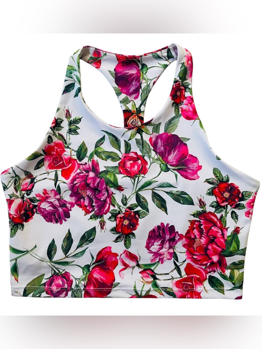 KiraGrace Women’s Large Floral Racerback Sports Bra White Pink Yoga Workout Top